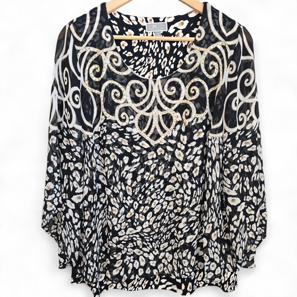 JM Collection Top Womens Medium‎ Black Embellished Dressy Evening Party Blouse